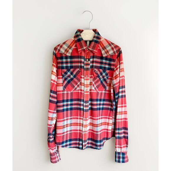 Men's Hollister Pearl Snap Plaid Shirt Western Style Red Plaid Size Large - Picture 2 of 13